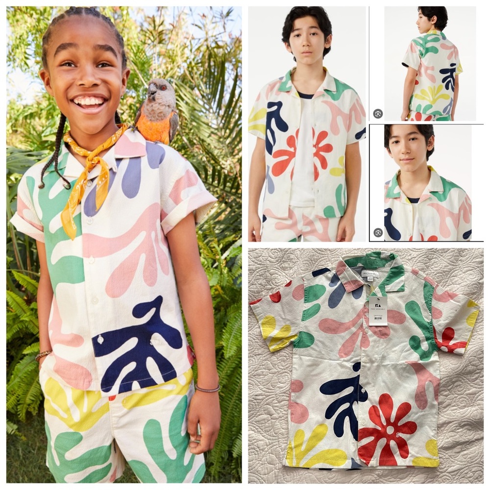 Free Assembly Boys Short Sleeve Print Seersucker Camp Shirt.